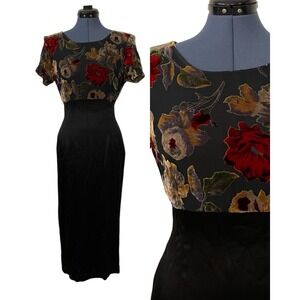 VTG Velvet Burnout Floral Black Sheath Midi Dress Whimsigoth Dark Cottage Size 6